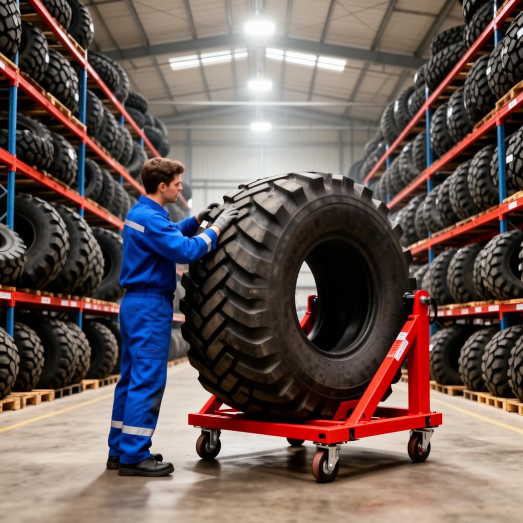 Worker inspecting a large industrial tire inside the FTA Group warehouse